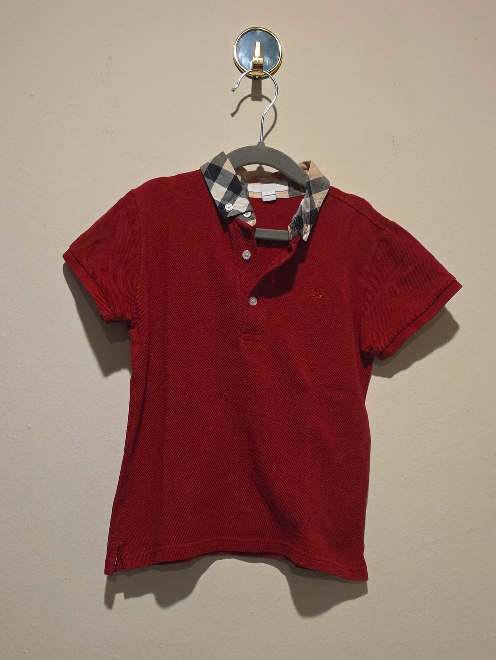 Burberry Kids Red Polo with Signature Check Collar 7y